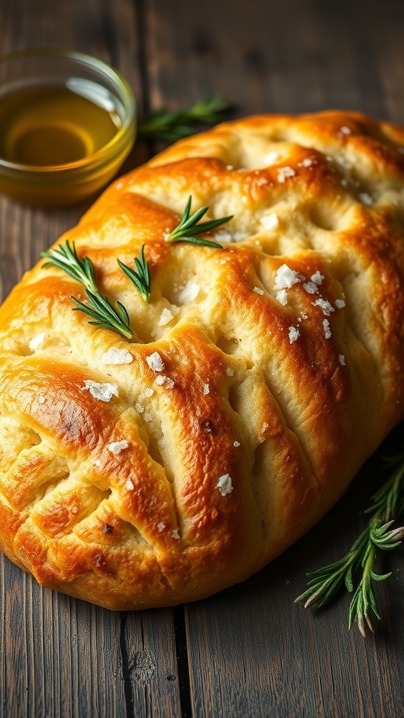 Golden-brown focaccia bread topped with rosemary and sea salt on a wooden table.